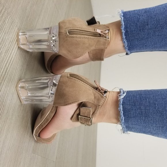 Lucite Clear Heel Tan Vegan Suede Heel Sandal - Picture 6 of 8